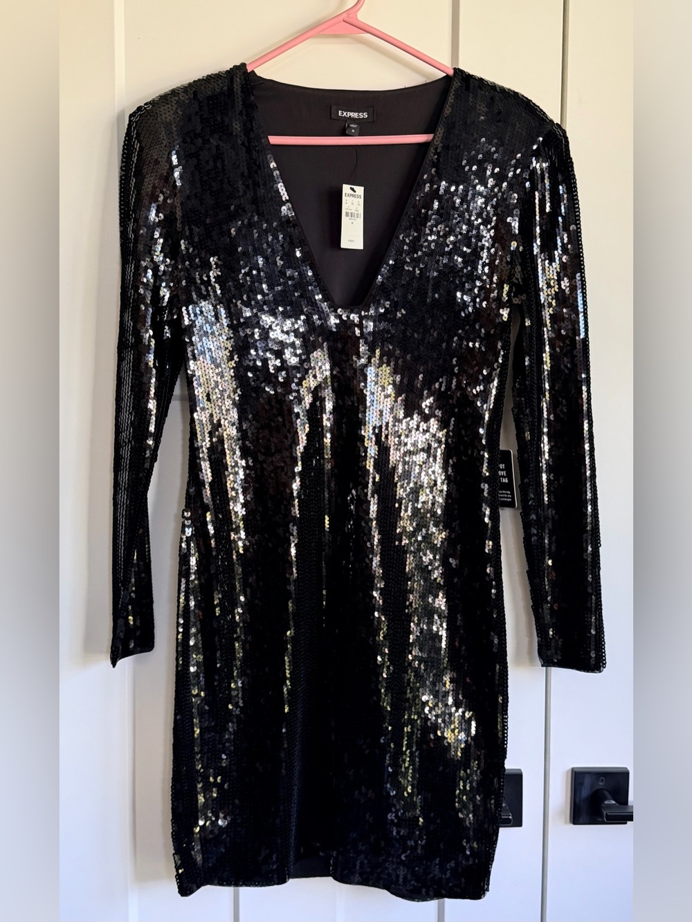 Express Black Sequin Long Sleeve V-Neck Dress - size medium